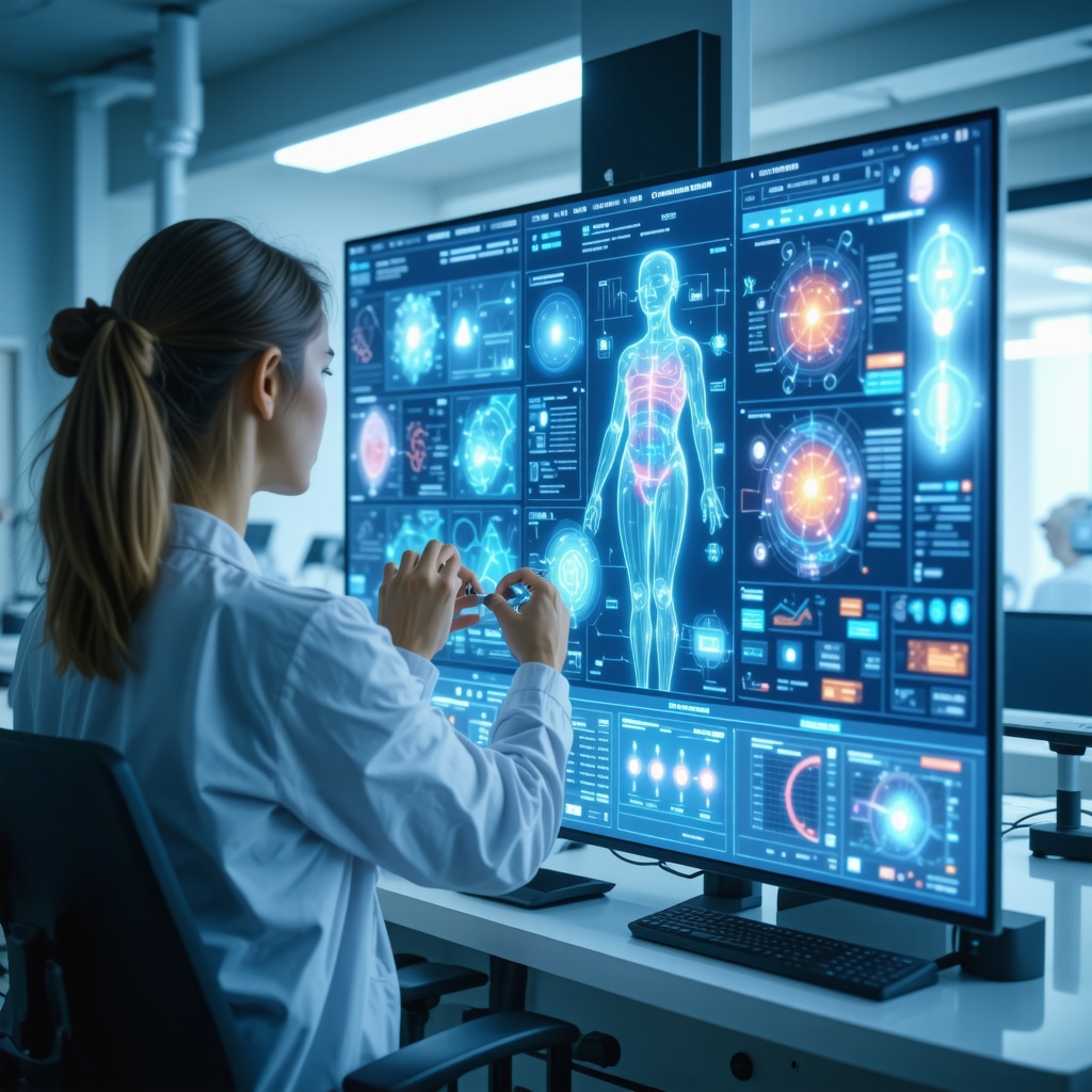 Physician using AI software analyzing genetic and metabolic data with patient using digital health devices for weight loss
