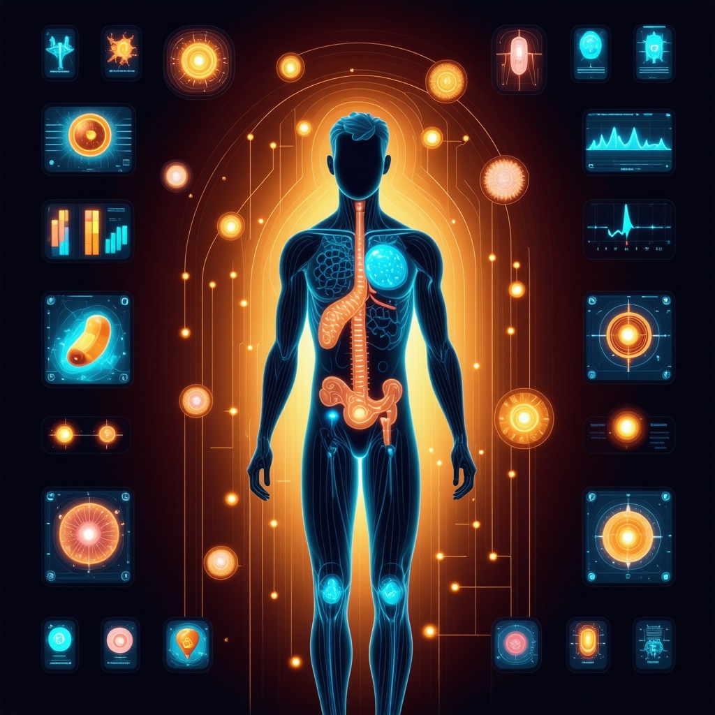 Futuristic human figure with digital data and gut microbiota icons symbolizing personalized nutrition and AI-based weight loss injection monitoring
