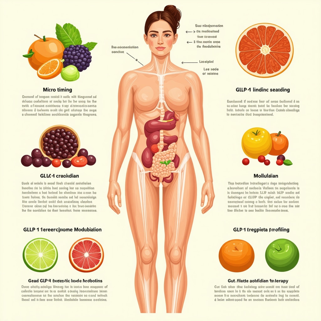 Infographic showing micronutrients, chrononutrition, microbiome, and nutrigenomics synergizing with GLP-1 drug action for weight loss