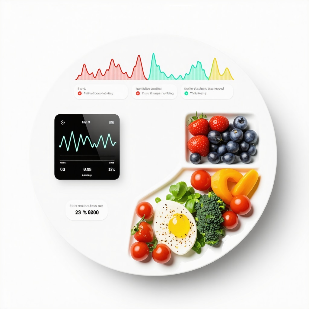 Digital display showing continuous glucose monitoring data with balanced meal and circadian rhythm icons