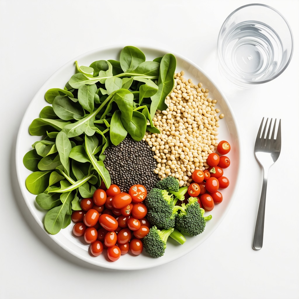 Plate with fiber-rich foods including leafy greens, chia seeds, quinoa and a glass of water