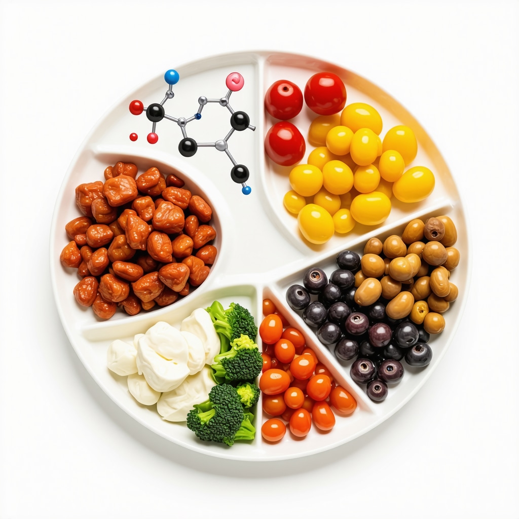 Plate with proteins, complex carbs, healthy fats alongside GLP-1 receptor illustration