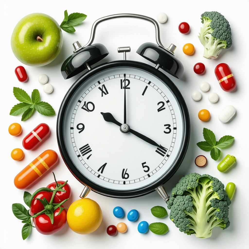 Clock overlay on healthy foods and medication pills illustrating timing of diet with weight loss drugs