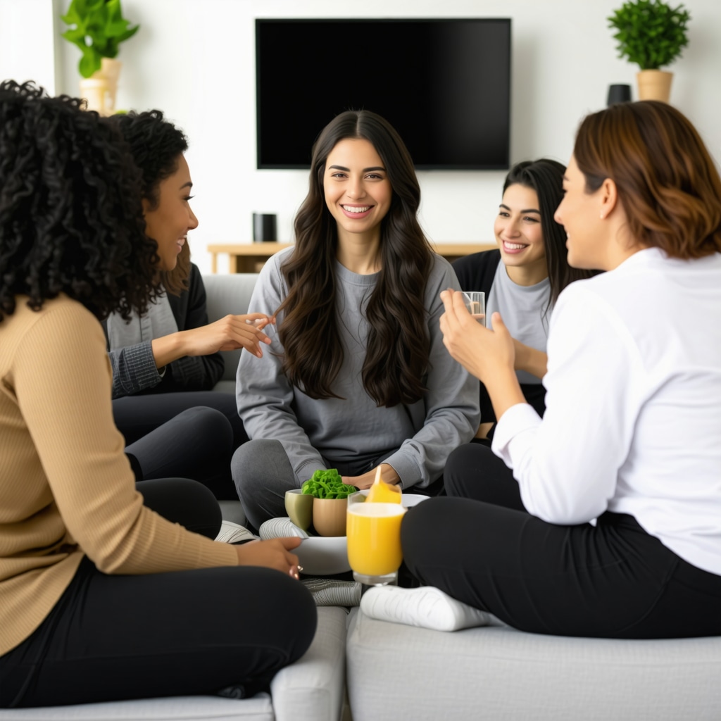Diverse group sharing weight loss stories in cozy living room