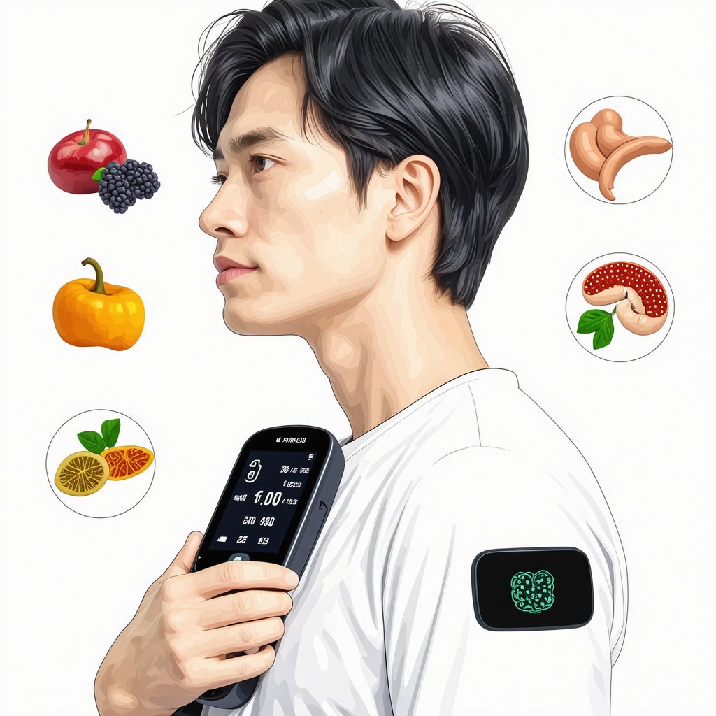 Graphic of patient using continuous glucose monitor with dietary and microbiome elements