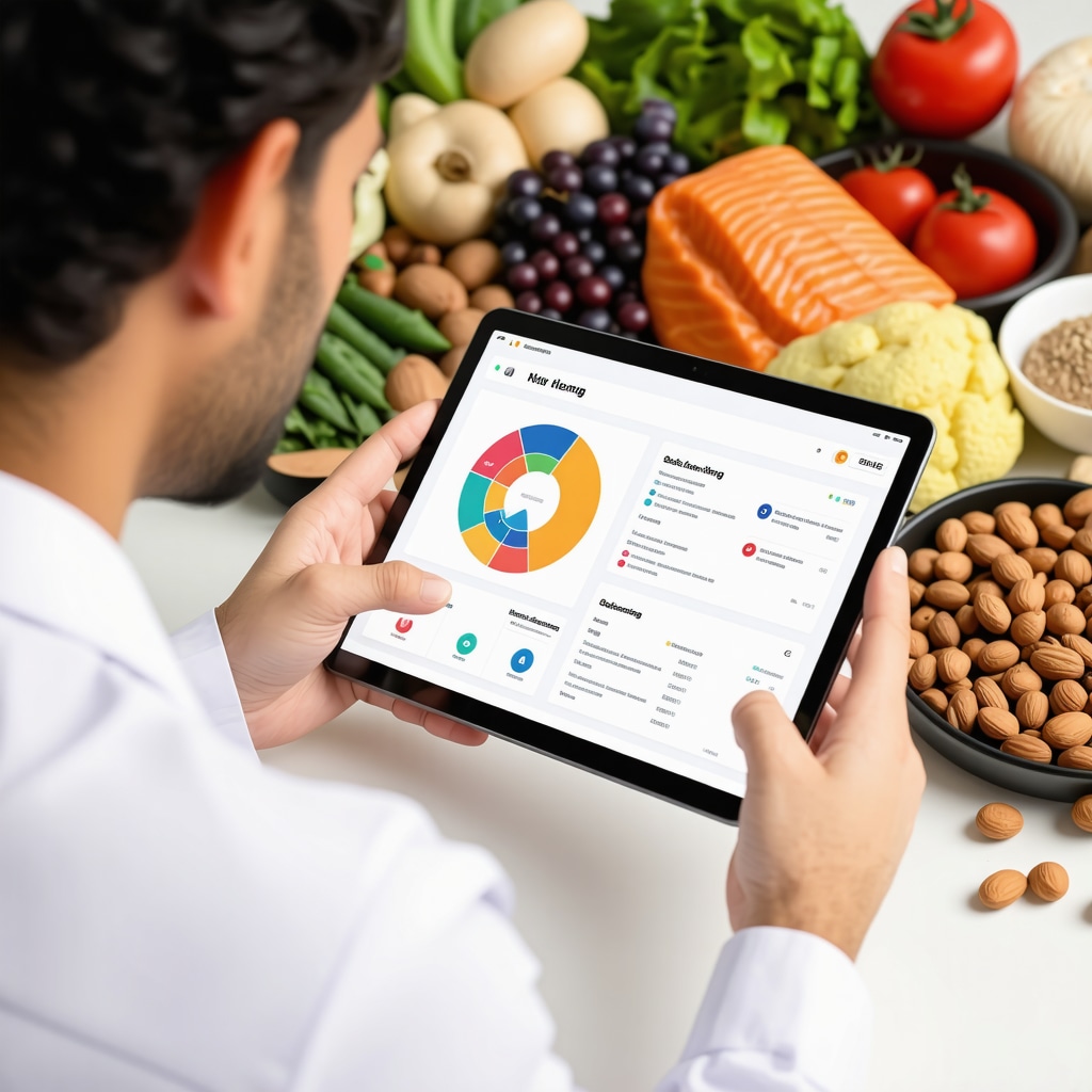 Nutritionist and patient reviewing nutrient timing and microbiome analysis with healthy foods