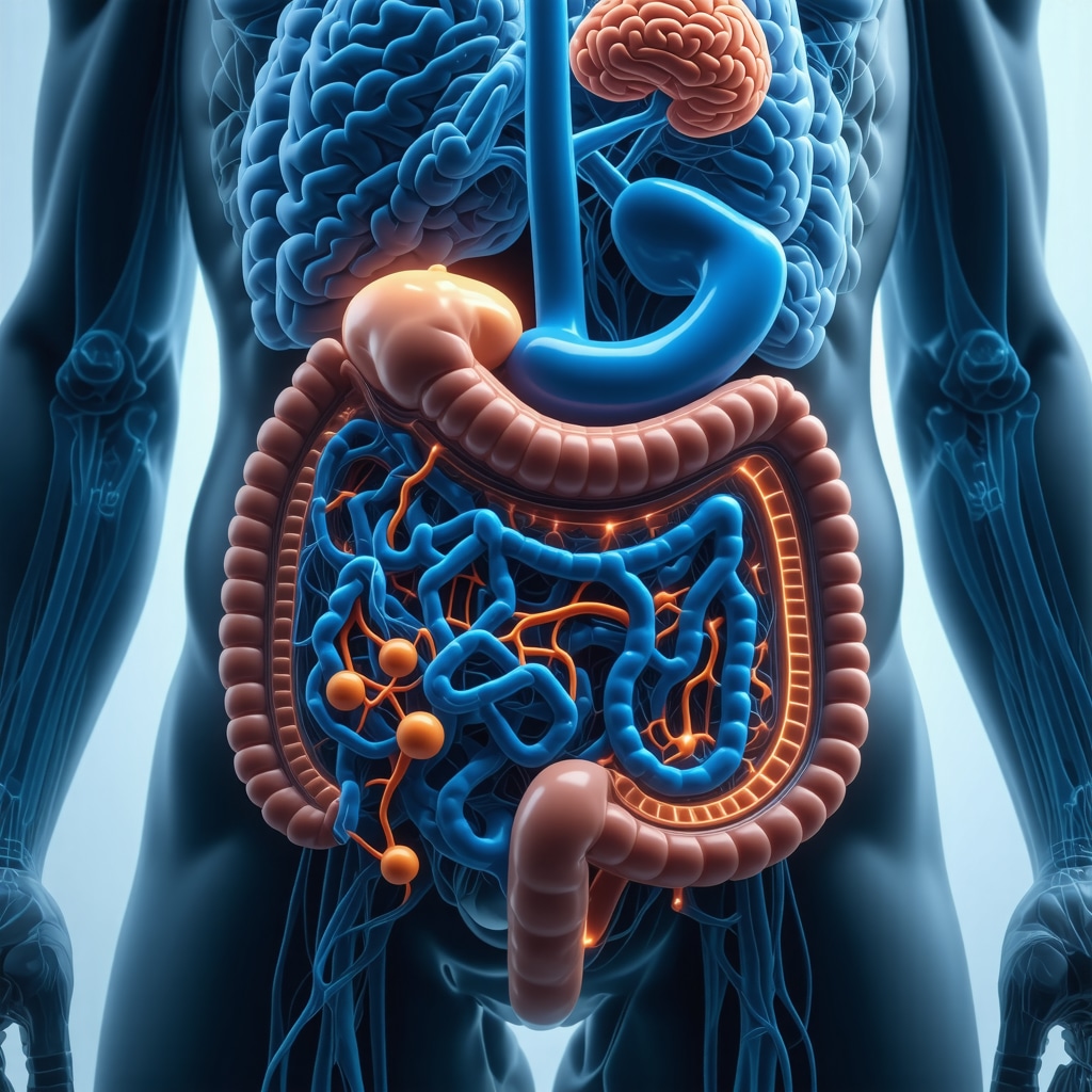 Diagram showing gut microbiota and brain communication pathways influencing appetite and weight loss medication effects