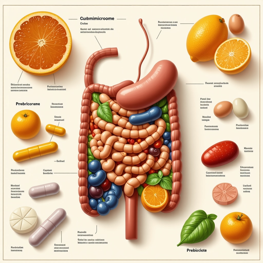 Illustration of gut microbiome influencing effectiveness of prescription weight loss diets with prebiotic foods and metabolic biomarkers