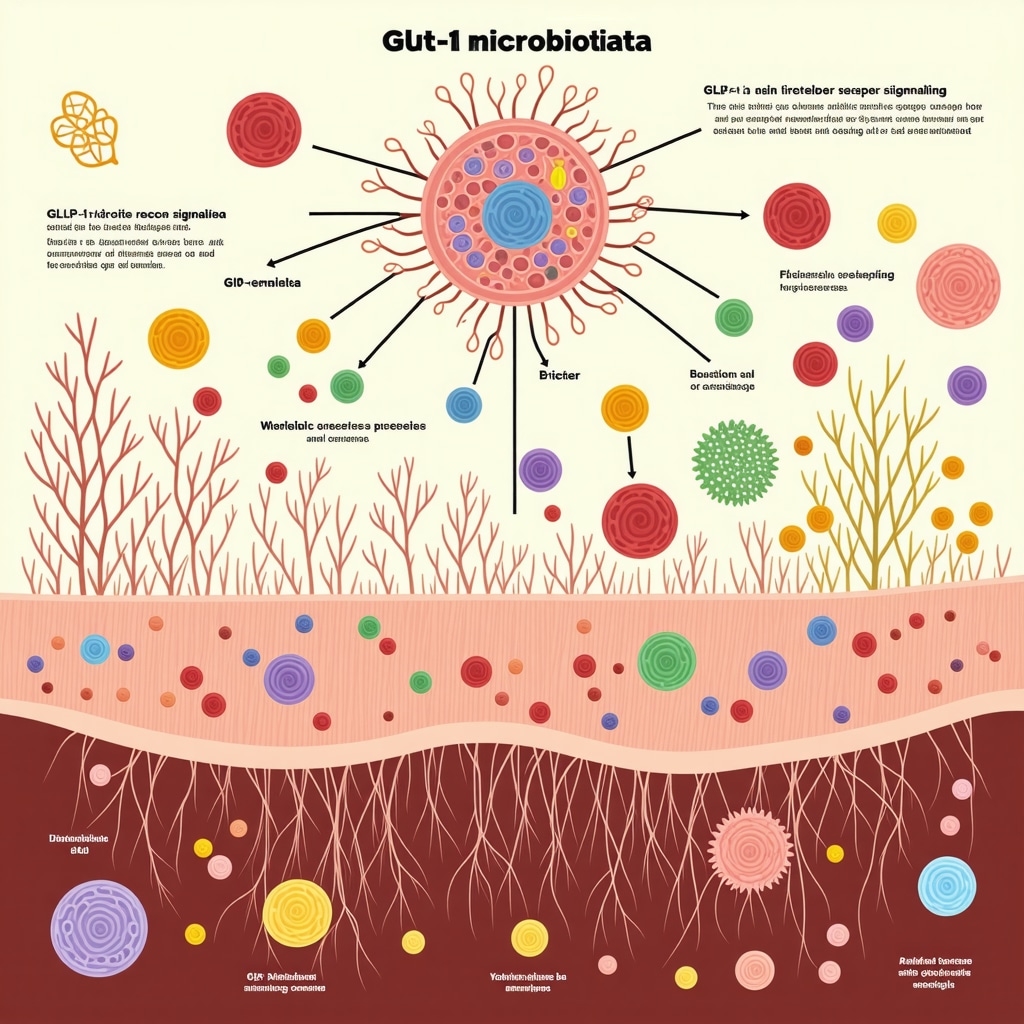 Infographic showing gut microbiota species influencing GLP-1 receptor signaling and metabolism