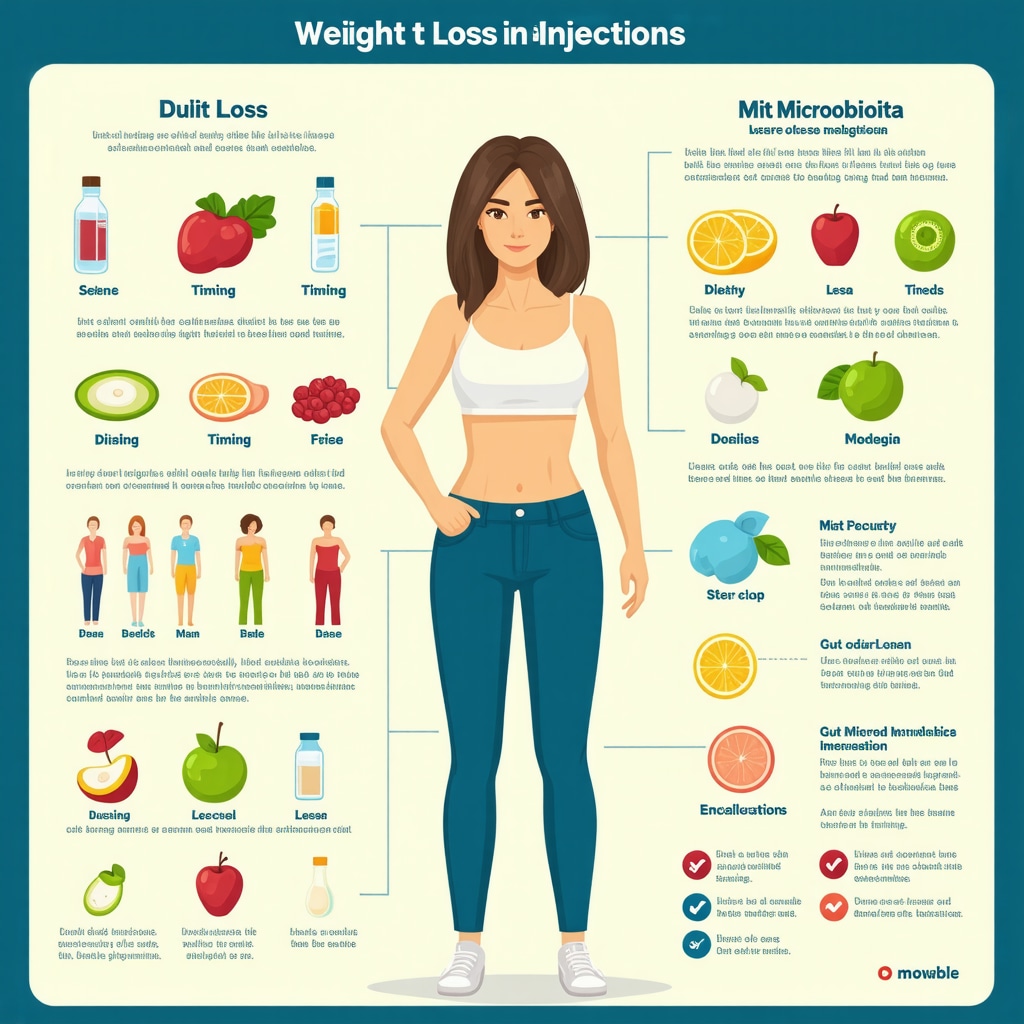 Infographic depicting weight loss injections combined with diet timing, gut microbiota, and behavioral strategies