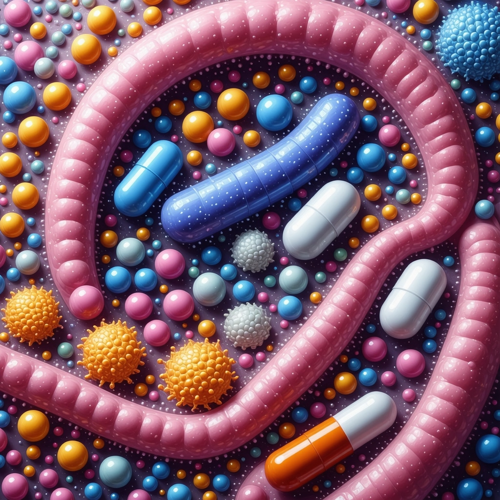 Graphic showing beneficial gut bacteria interacting with nutrients and weight loss drugs to enhance treatment efficacy