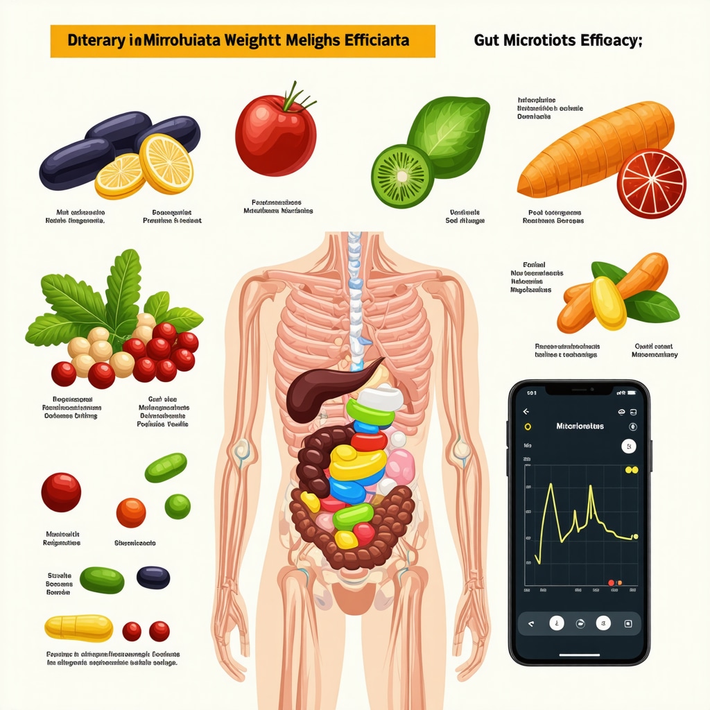 Infographic depicting micronutrient sources, gut microbiome, and digital medication adherence app for weight loss