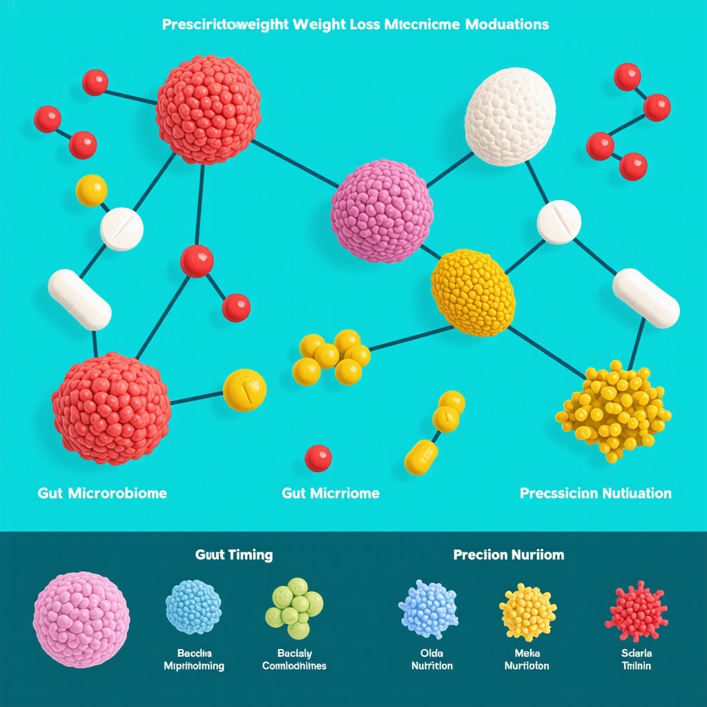 Diagram showing the interplay of prescription weight loss drugs, gut microbiome, and personalized diet timing strategies.
