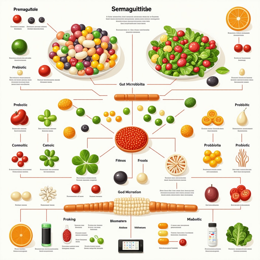 Diagram showing semaglutide effects on gut microbiota and metabolic biomarkers with associated dietary and digital monitoring elements