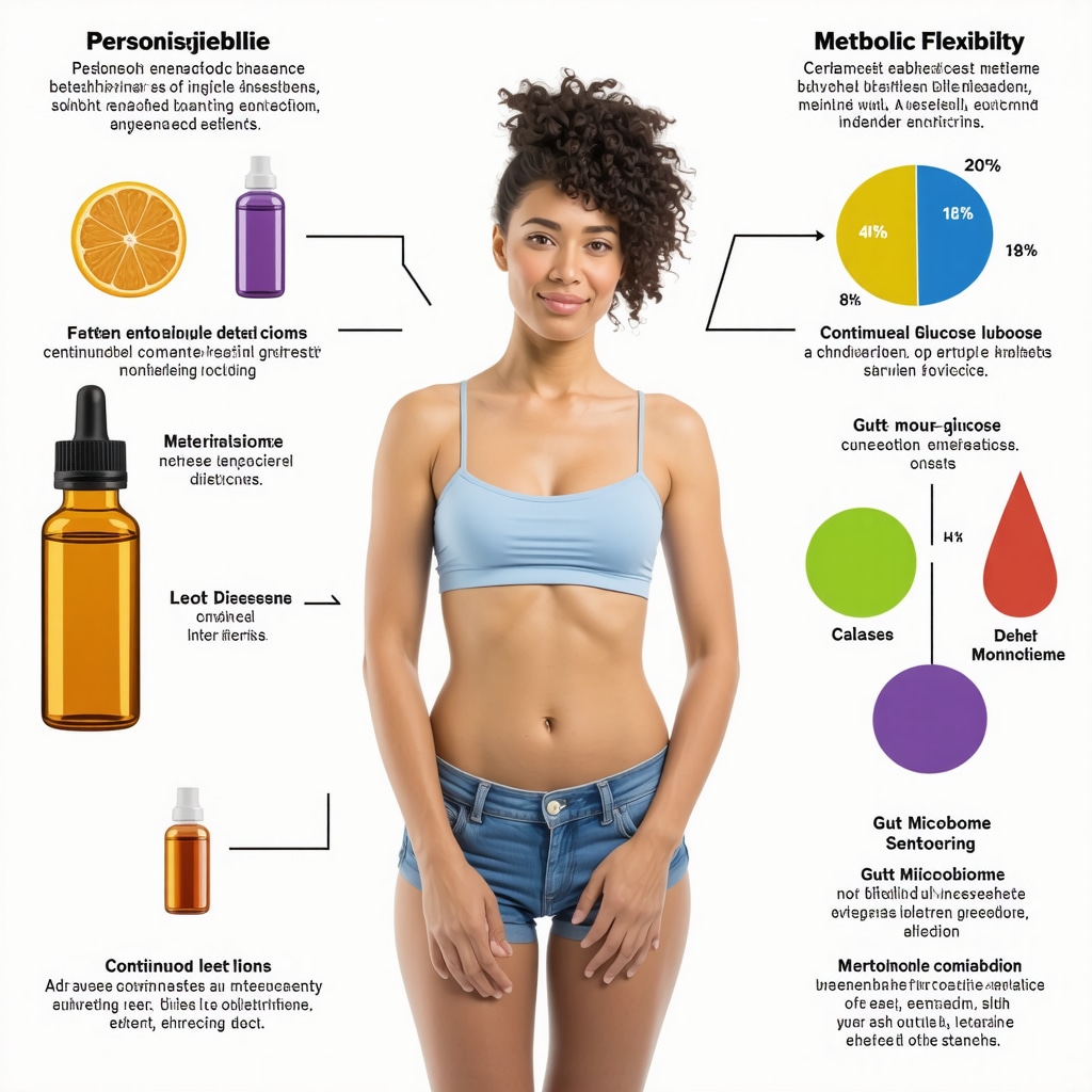 Infographic showing metabolic flexibility, injection diet synergy, CGM data, and gut microbiome in weight loss