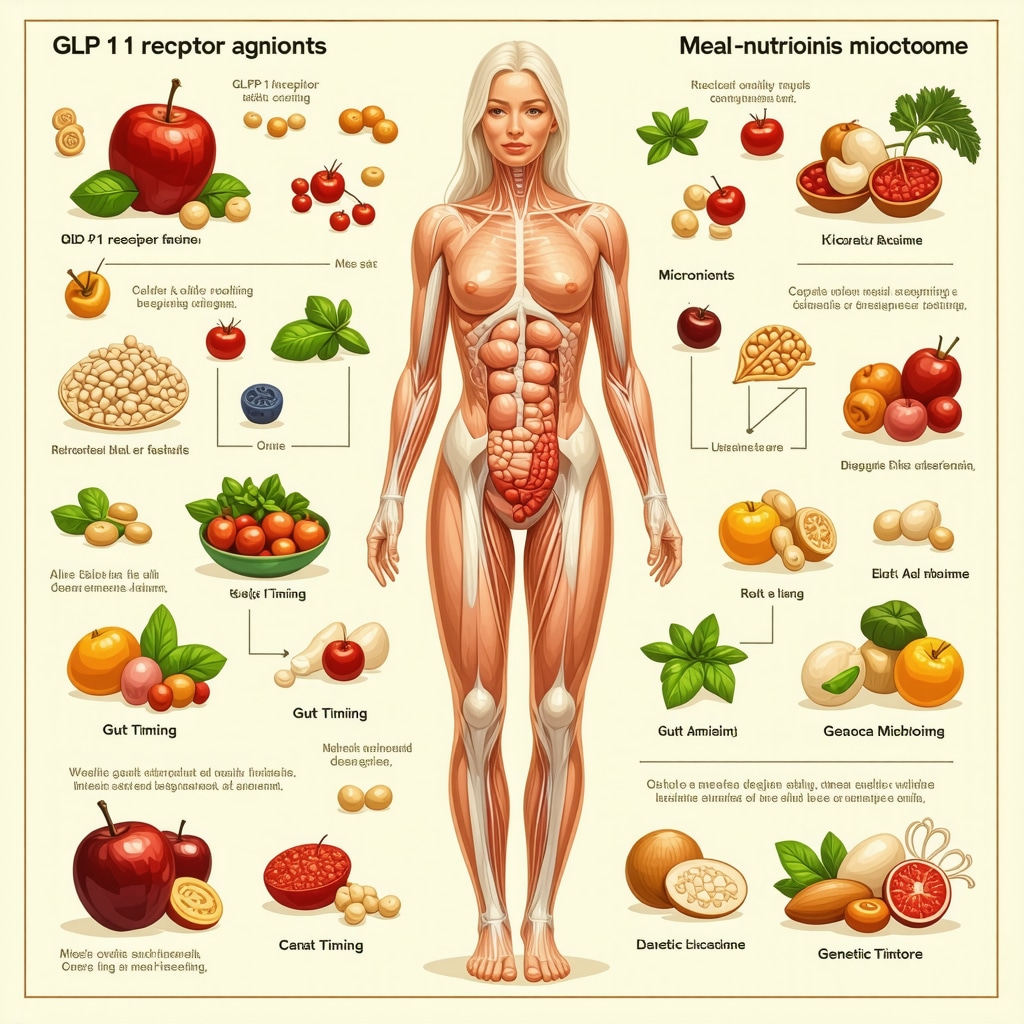 Diagram showing GLP-1 drug effects integrated with micronutrient support, chrononutrition, gut microbiome, and nutrigenomics
