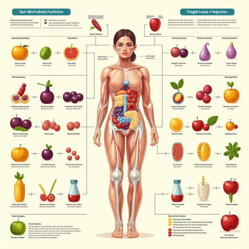 Detailed infographic showing gut microbiota, genetics, and weight loss injection interactions with personalized nutrition