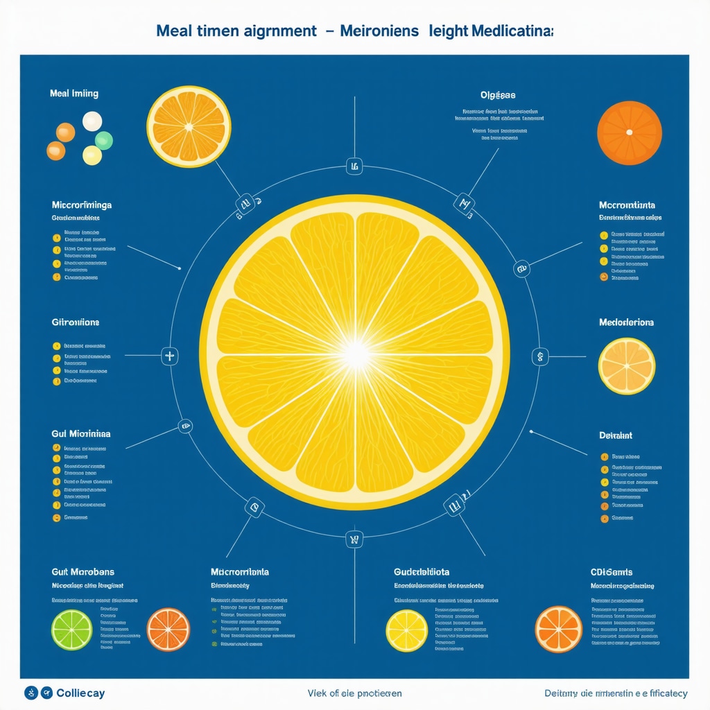 Diagram showing how meal timing, micronutrients, and gut microbiota influence weight loss medication efficacy