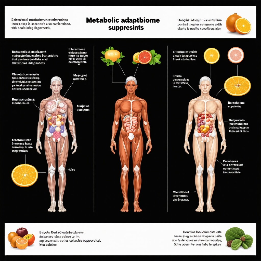 Illustration showing metabolic adaptation, gut microbiome role, and behavioral economics in prescription diet and appetite suppressant therapy