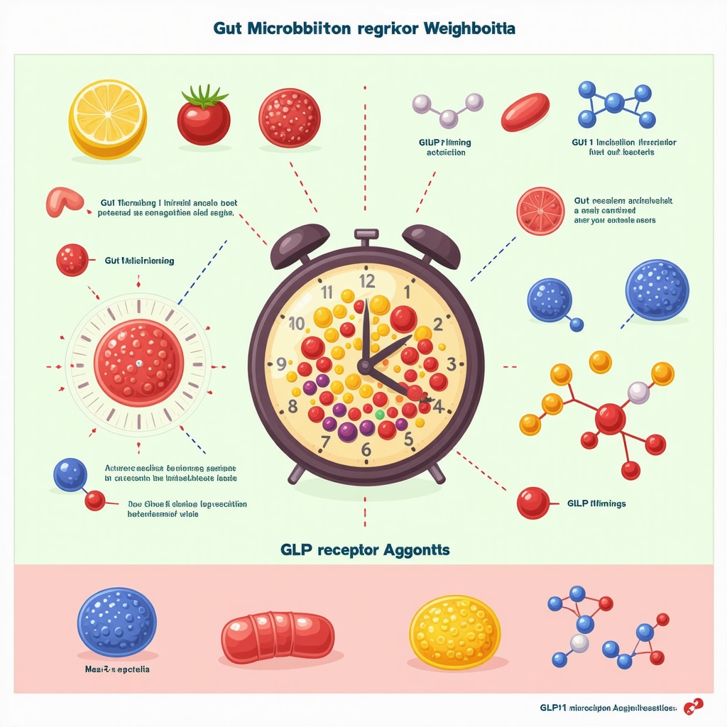 Diagram showing nutrient timing, gut microbiota, and GLP-1 medication interactions for weight loss optimization