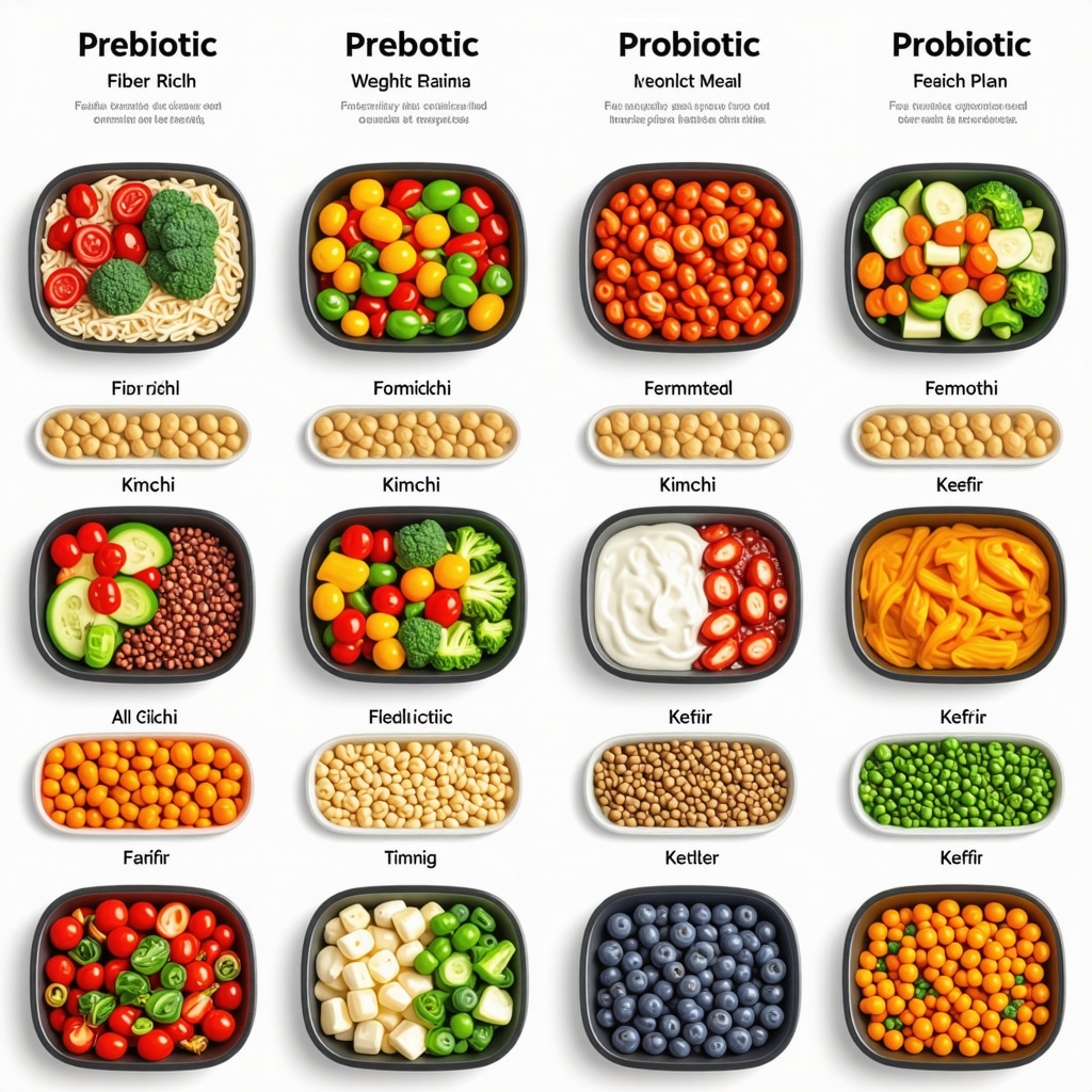 Infographic showing prebiotic and probiotic foods integrated into meal prep aligned with weight loss medication timing
