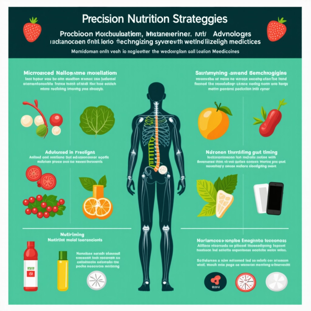 Detailed infographic showing precision nutrition, gut microbiome, and monitoring tech working with prescription weight loss drugs