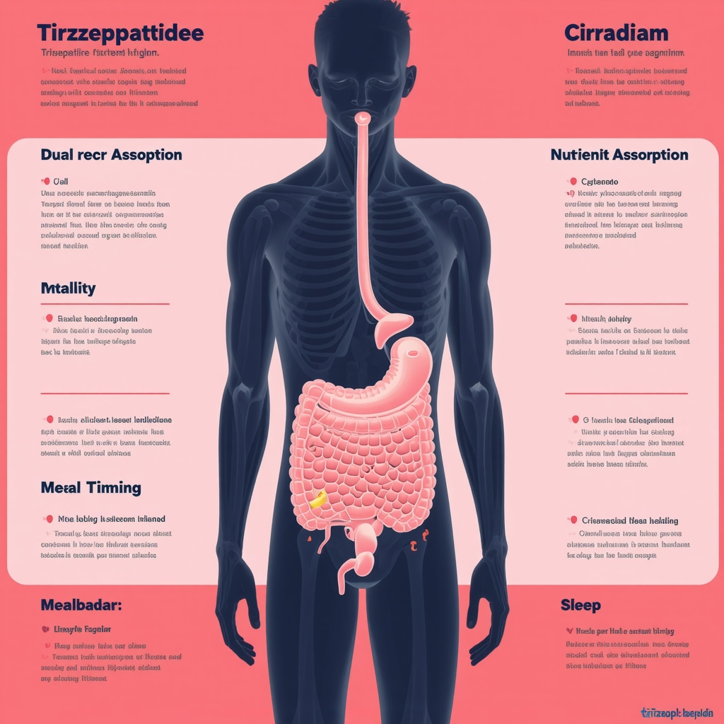 Diagram showing tirzepatide’s influence on gastric emptying, nutrient absorption, insulin sensitivity, meal timing, exercise, and sleep