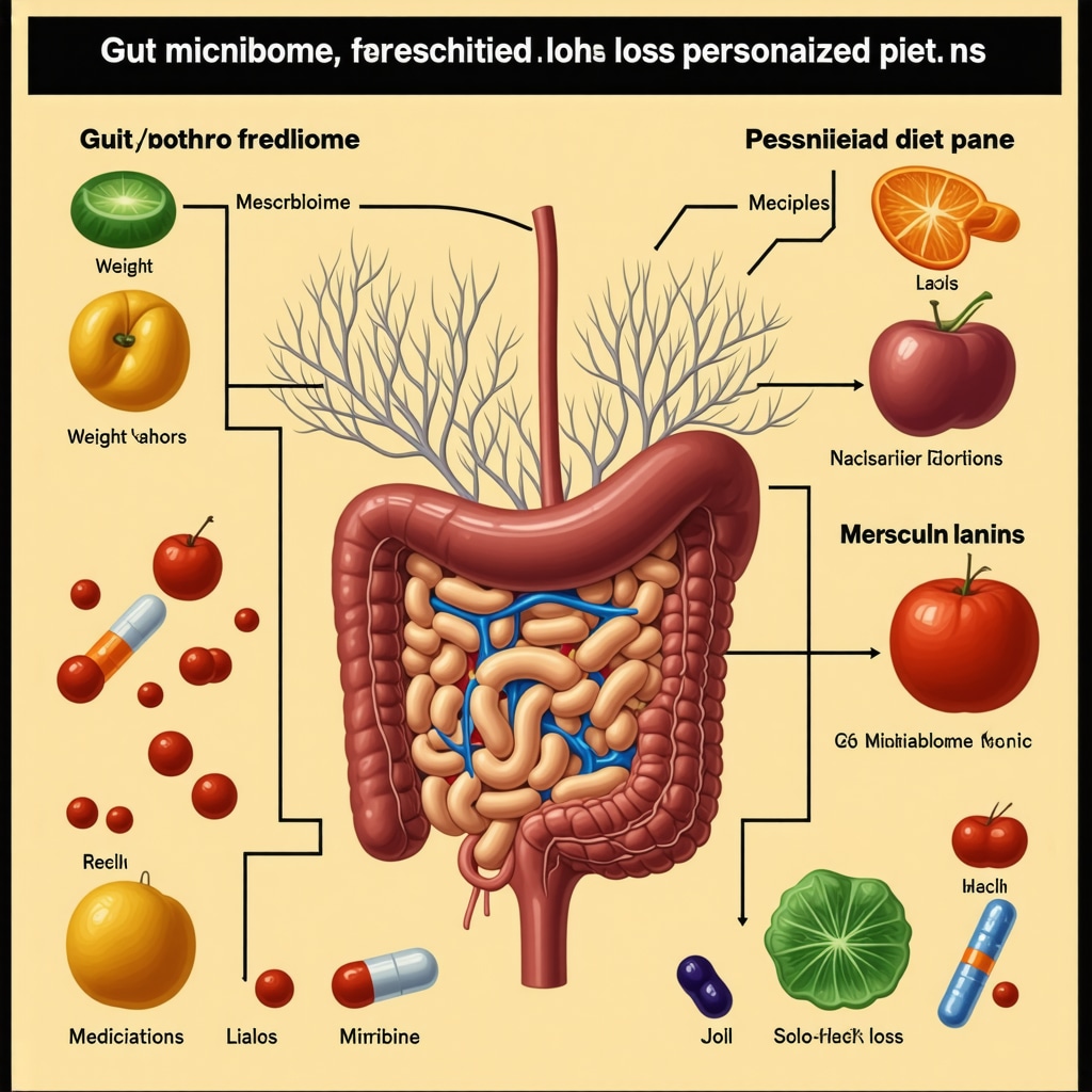 Diagram showing gut microbiome influence on weight loss medications and personalized nutrition