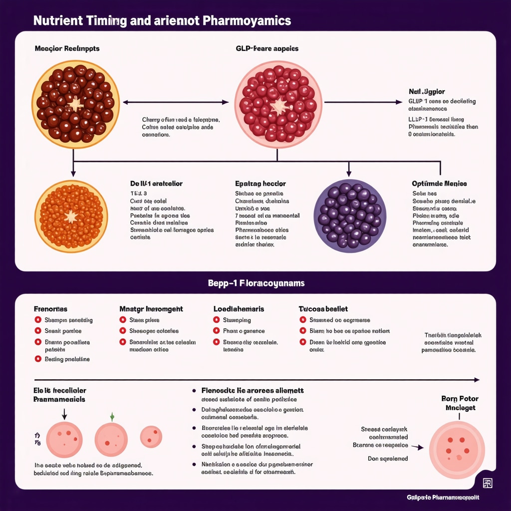 Infographic showing optimal nutrient timing aligned with GLP-1 receptor agonist pharmacodynamics to maximize weight loss efficacy