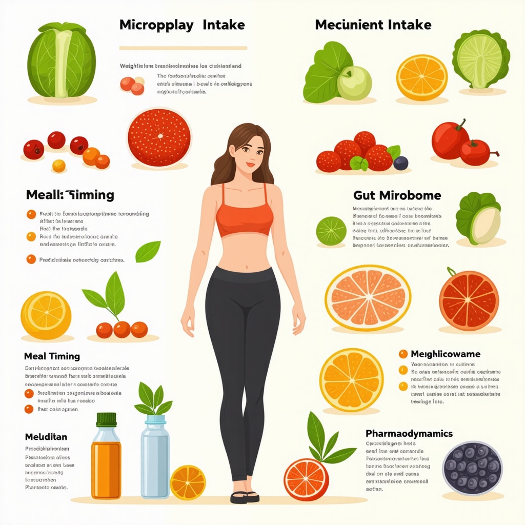 Diagram illustrating micronutrients, meal timing, gut microbiome, and medication synergy for weight loss