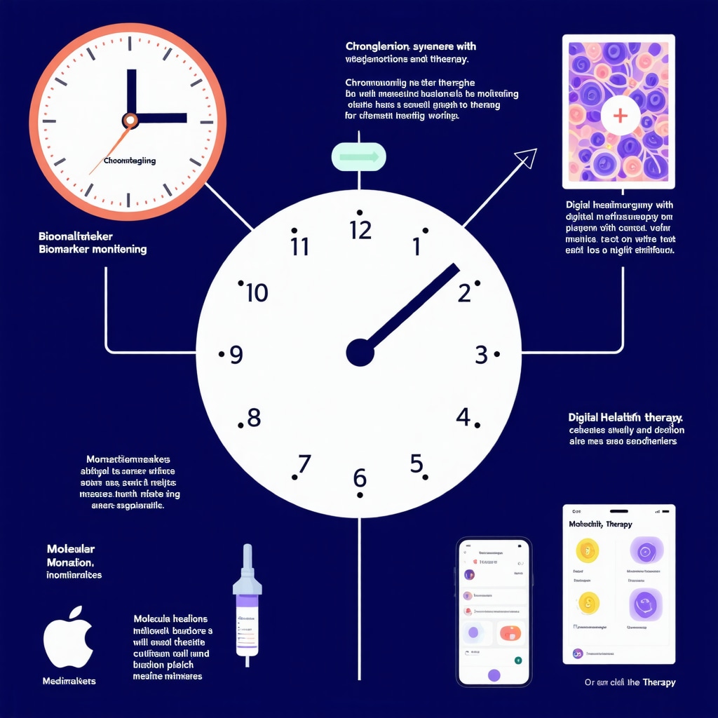 Visual representation of a clock, biomarkers, and a smartphone app illustrating personalized nutrition and injection therapy integration