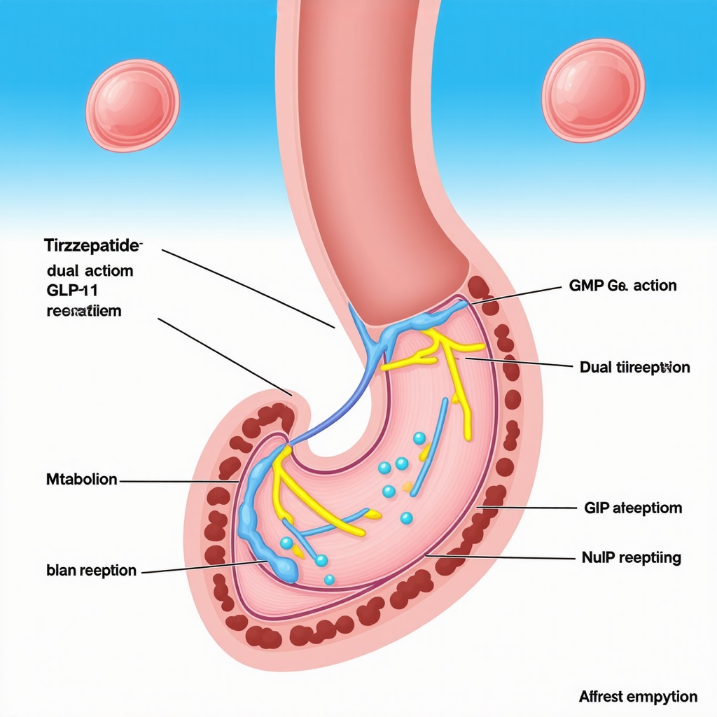 Detailed infographic illustrating tirzepatide's dual action on GLP-1 and GIP receptors affecting gastric emptying and metabolism