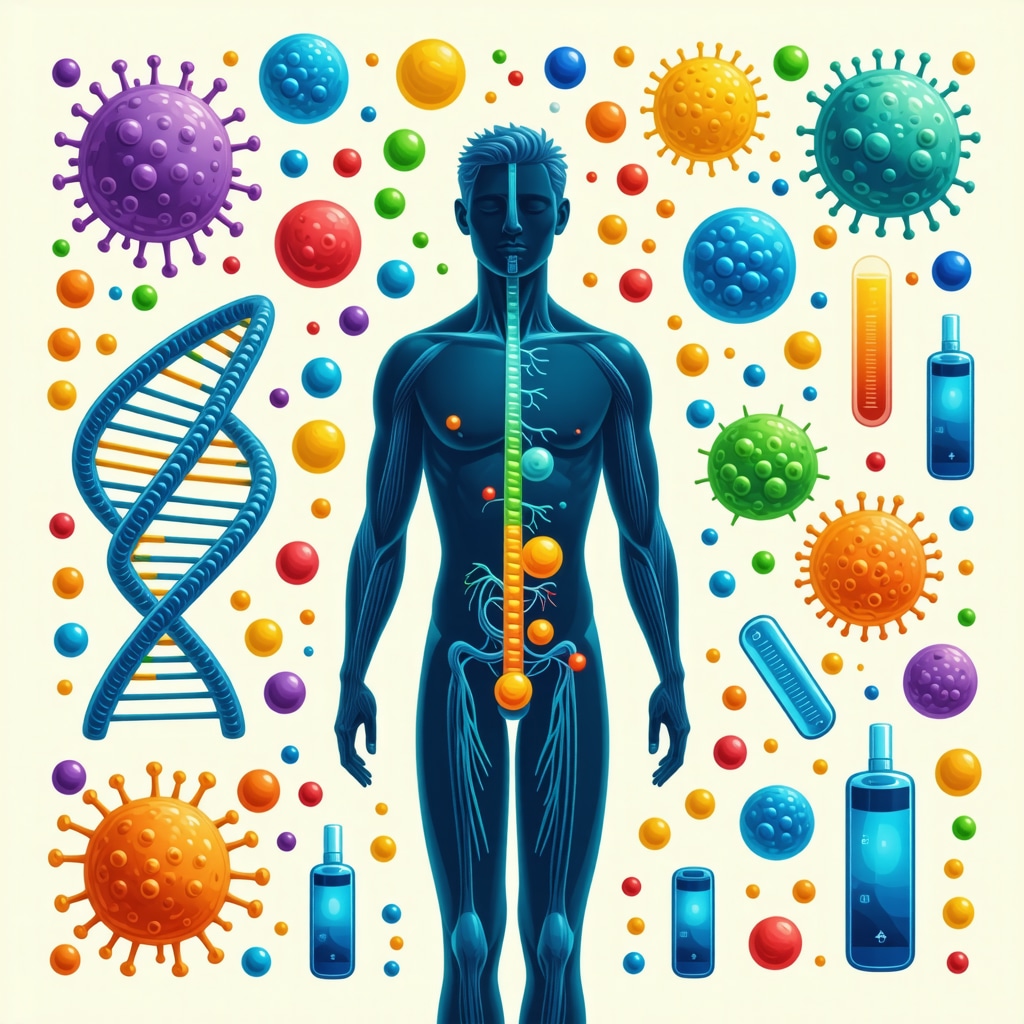 Human silhouette with DNA, gut microbiota, and digital health devices representing personalized weight loss