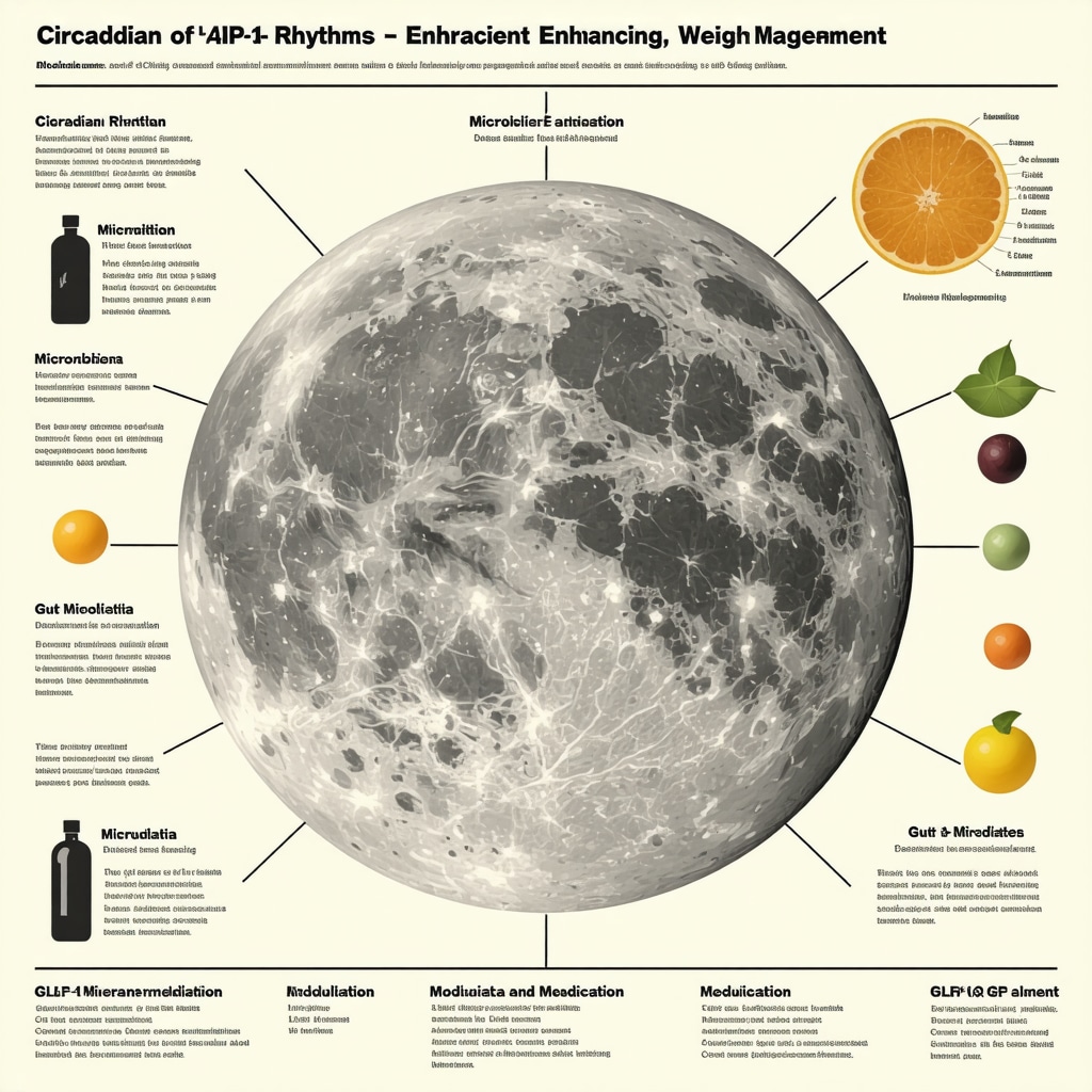 Infographic showing circadian rhythm, micronutrients, gut microbiome, and behavioral tactics optimizing GLP-1 therapy