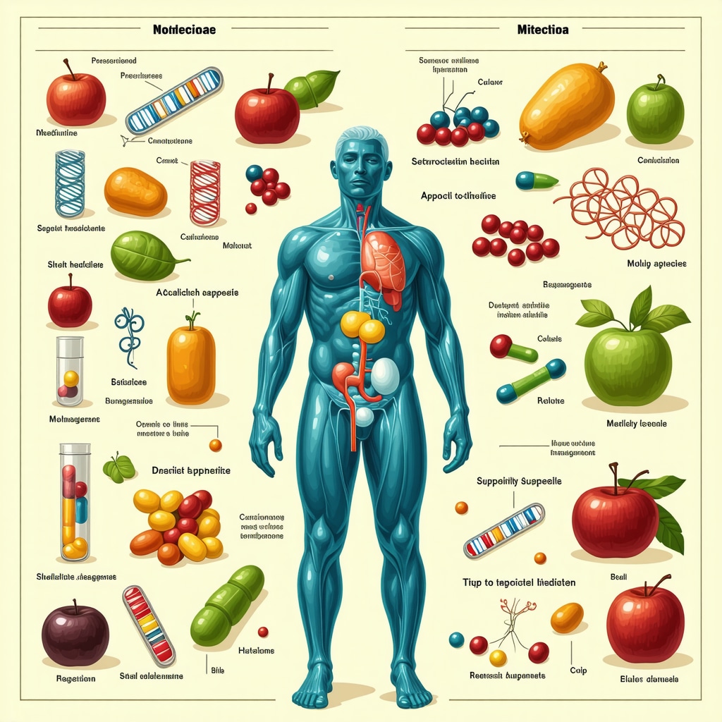 Conceptual diagram showing personalized medicine approach combining genetics, nutrition, and appetite suppressant medication for weight management