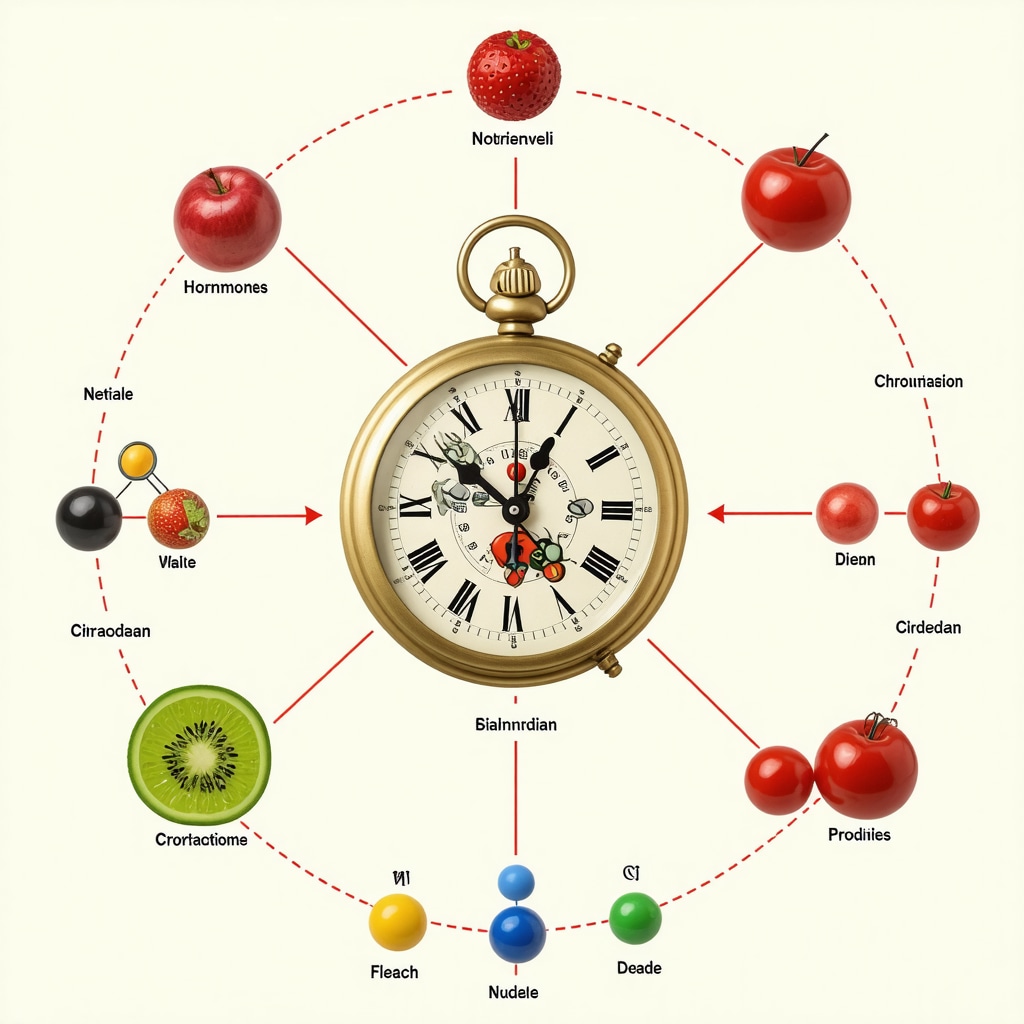 Illustration depicting molecular interactions between nutrients and weight loss medications aligned with circadian rhythms and behavioral cues