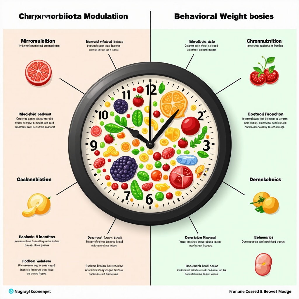 Infographic showing gut microbiota, circadian meal timing, and behavioral nudges enhancing weight loss injection effectiveness