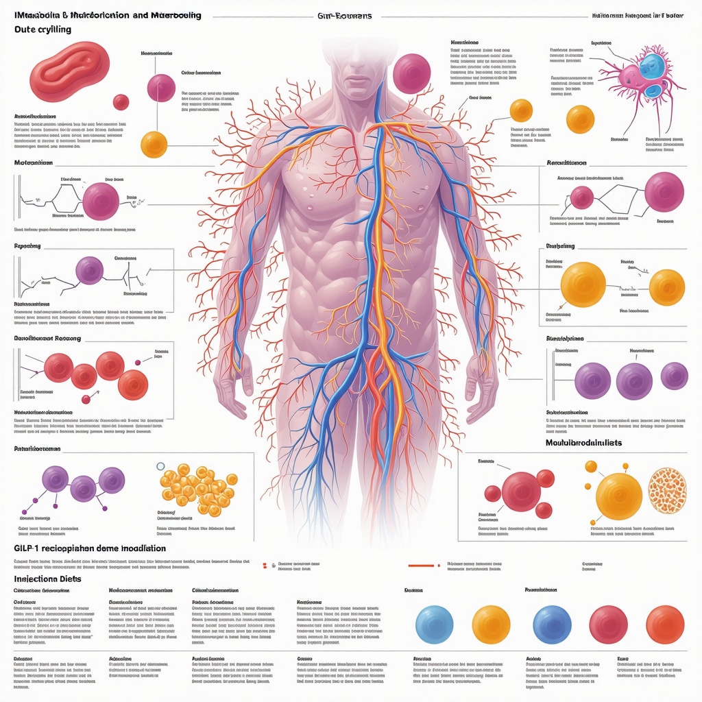 Infographic illustrating metabolic adaptations, nutrient cycling, and gut microbiome modulation related to GLP-1 receptor agonists in injection diets