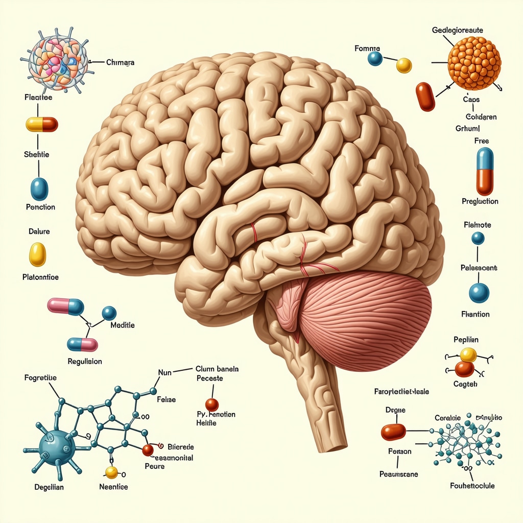 Illustration showing brain hypothalamus and neurotransmitter pathways with appetite suppressant molecules