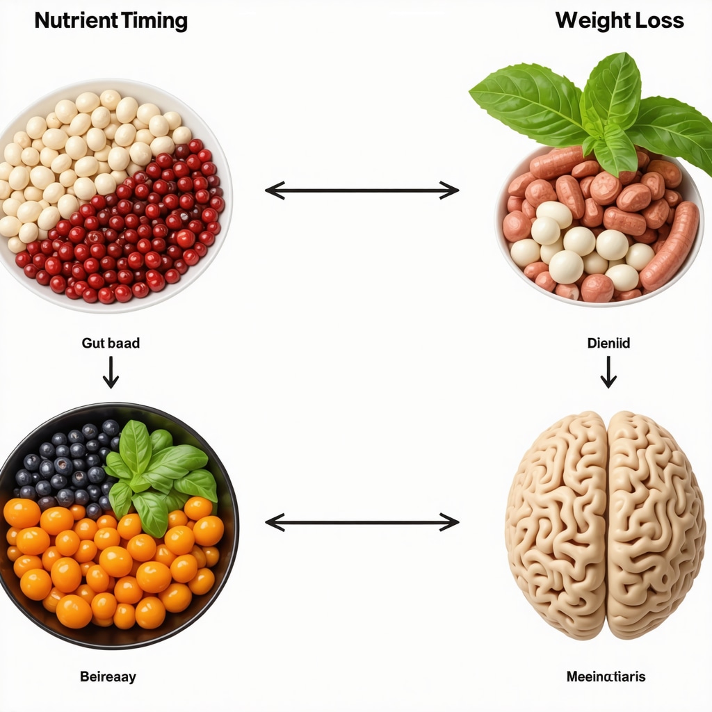 Scientific diagram illustrating nutrient timing aligned with weight loss medication effects and gut-brain axis modulation