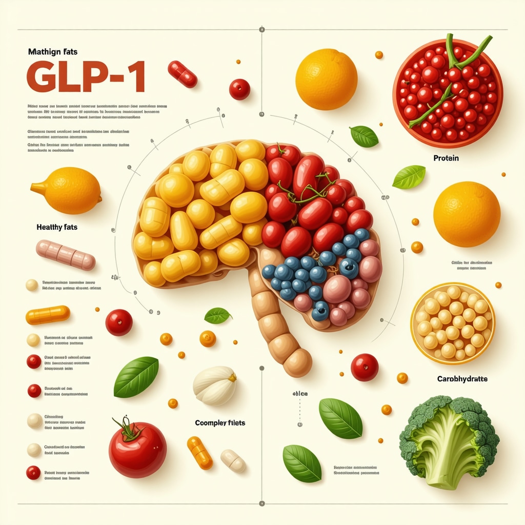 Infographic showing protein, fats, carbs ratios, gut microbiome and hydration strategies for GLP-1 medication optimization