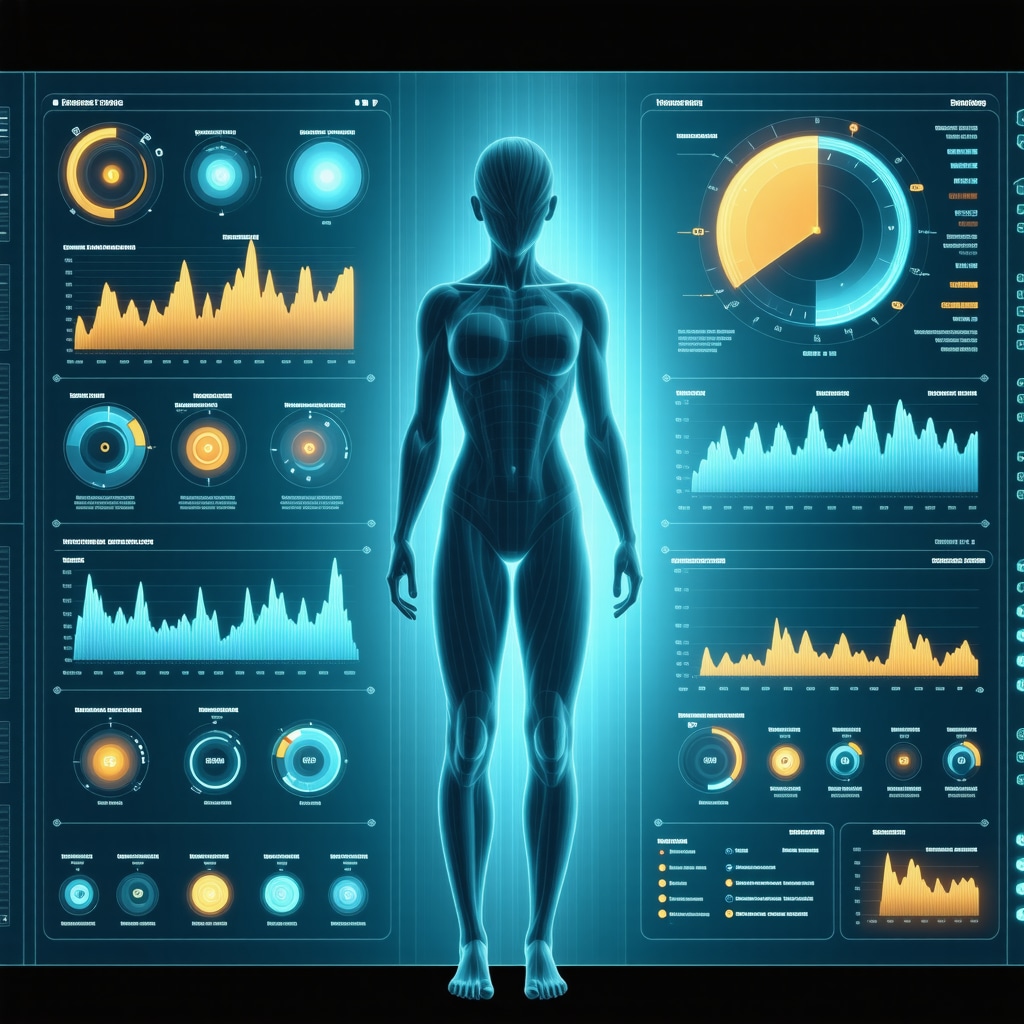 Digital health dashboard illustrating personalized injection timing, nutrigenomic data, and meal planning charts
