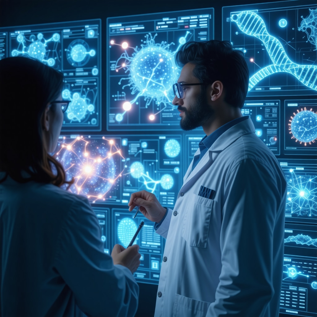 Healthcare professional reviewing AI-powered multi-omics data and semaglutide molecular visualization in advanced clinical setting