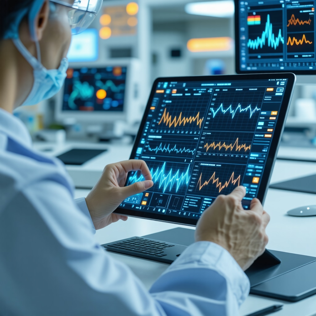 Healthcare professional using AI data analytics for personalized injection diet planning incorporating chrononutrition and microbiome insights