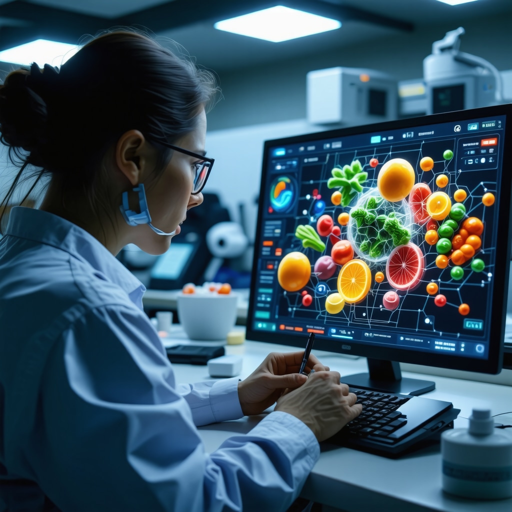 Digital interface depicting AI analysis of diet and medication interactions with molecular graphics