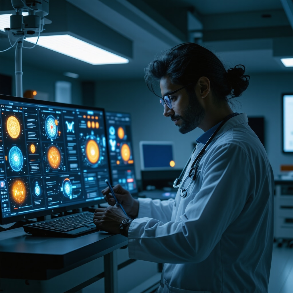 Healthcare professional using AI and genetic data to personalize tirzepatide diet plans in a clinical environment