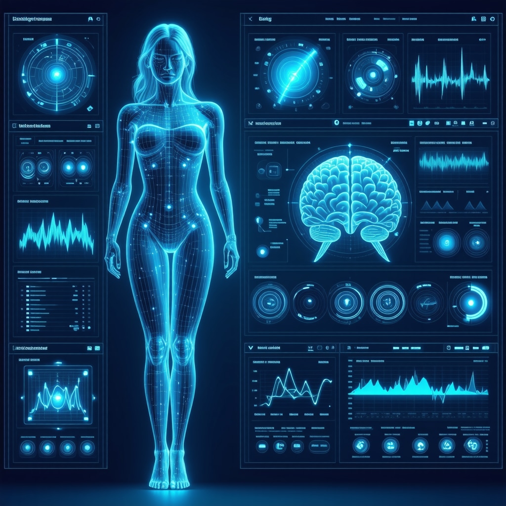 Futuristic medical interface showing AI analytics combining genomics and circadian rhythm data for weight loss optimization
