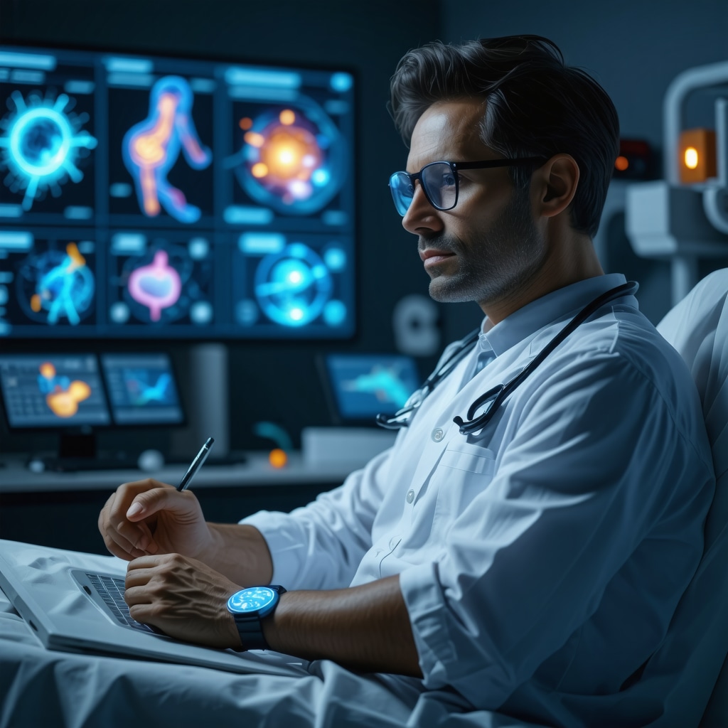 Patient with wearable devices connected to AI analyzing microbiome and metabolic data for tailored weight management