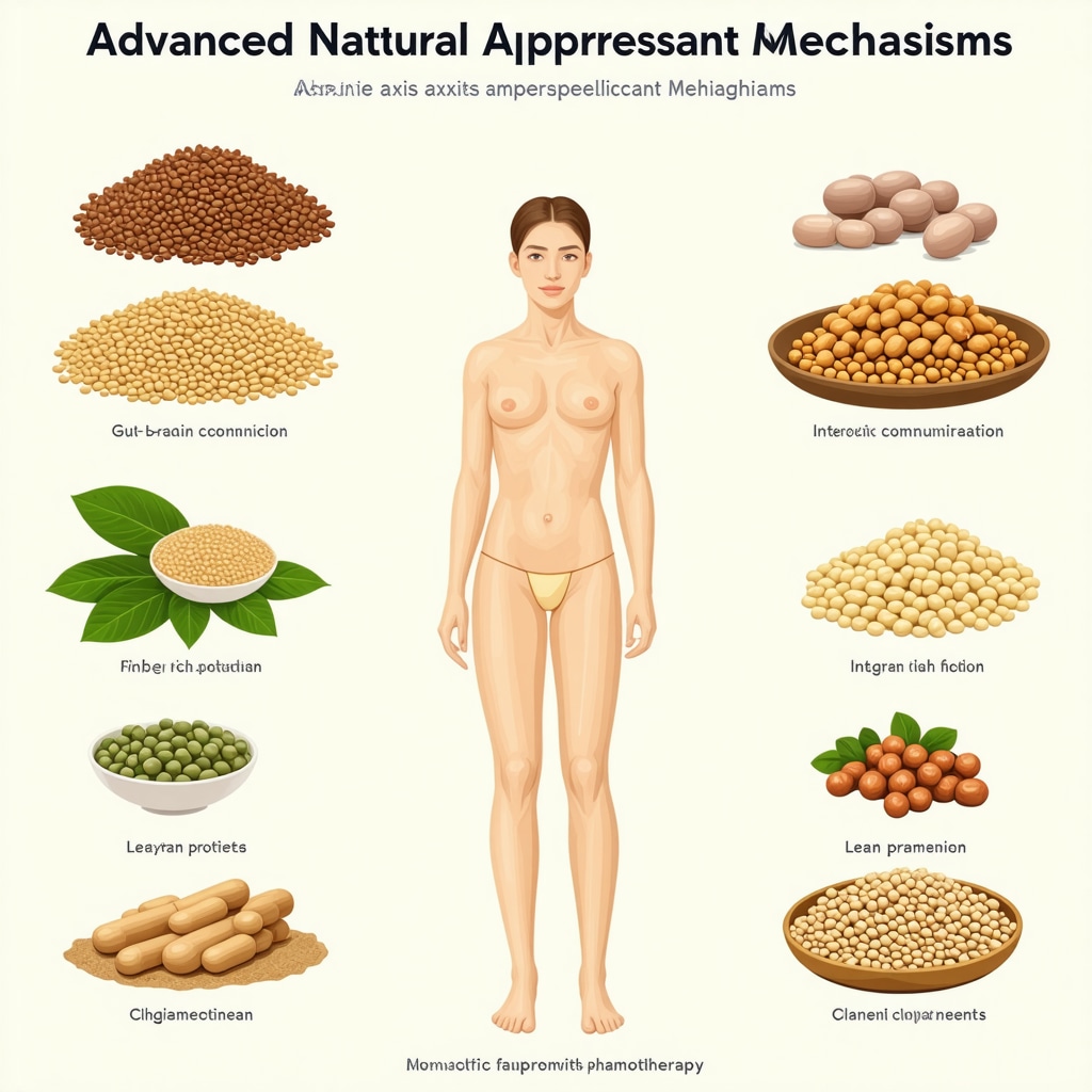 Infographic showing gut-brain axis, nutrigenomics, and natural suppressants combined with medication