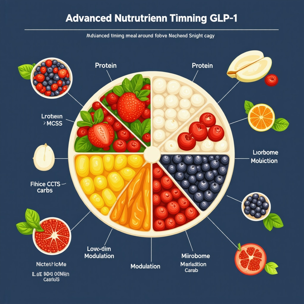 Infographic showing nutrient timing, meal components, and gut microbiome support aligned with GLP-1 medication for enhanced weight loss